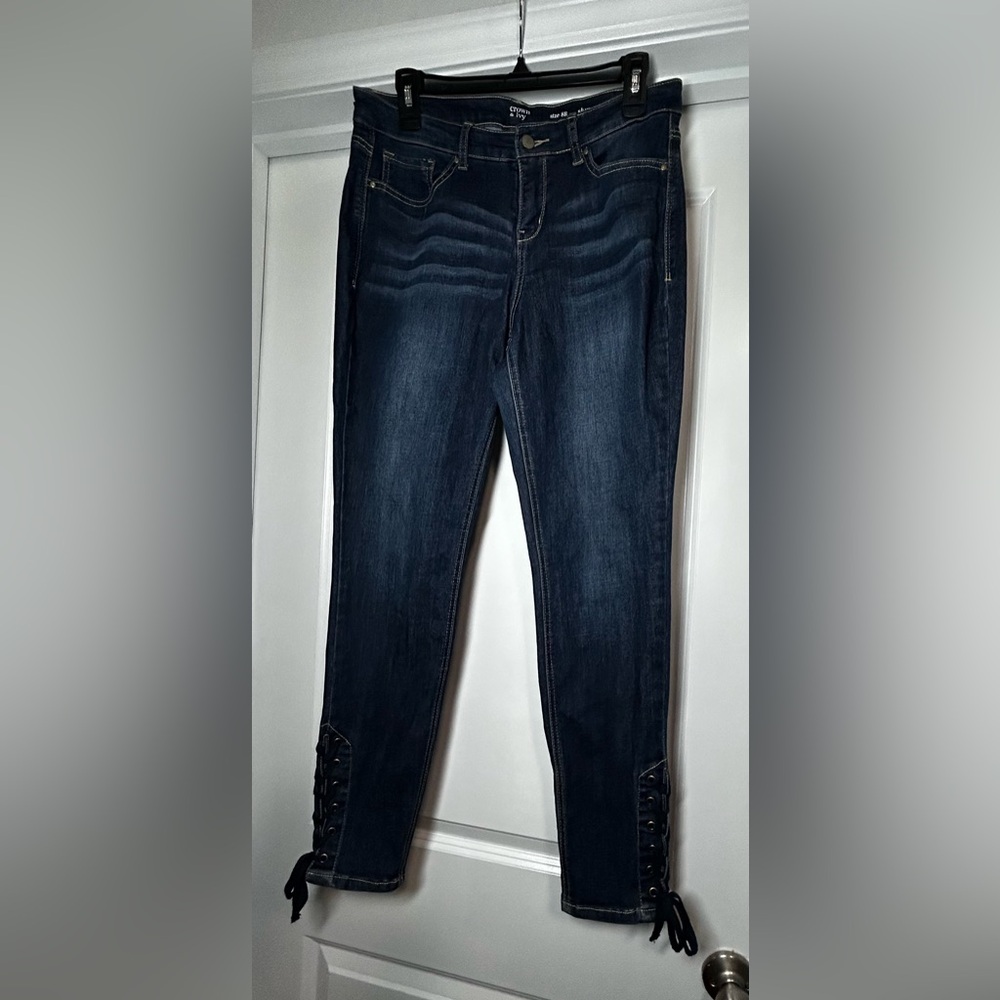 Crown & Ivy Dark Blue Women's Jeans with Ties at Ankles
